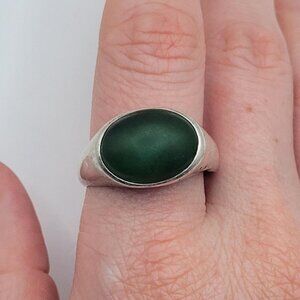 Vintage Kabana 925 Sterling Silver & Green Jade Cabochon Stone Signet Size 11 Ri